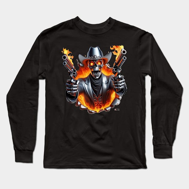 Flaming Skeleton Cowboy by focusln Long Sleeve T-Shirt by Darn Doggie Club by focusln